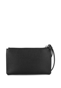 Pochette en cuir noir avec une finition texturée, fermeture éclair et une lanière pour poignet. Forme rectangulaire avec des coins définis.