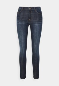 Mörkblå skinny jeans i denim med knappstängning, femfickorsdesign och subtil blekning över låren.