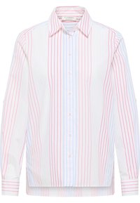 Camisa de botones de tela blanca con rayas verticales en rojo y azul. Presenta un collar clásico, mangas largas y botones rosas.