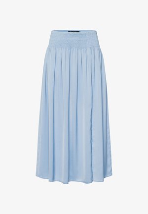 Helleblauer, knielanger Rock mit einem gerafften Taillenbund und Falten-Design, gefertigt aus leichtem Stoff, der eine weiche und glatte Textur bietet.