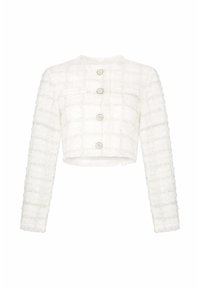 Witte gekneden textuur blazer met lange mouwen, ronde halslijn en vier grote decoratieve knopen aan de voorkant.