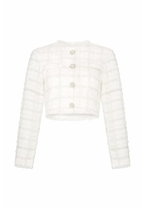 White cropped textured jacket with long sleeves, round neckline, and four large decorative buttons down the front.