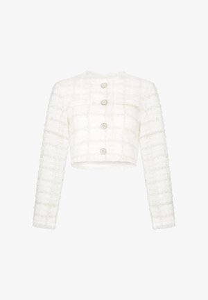 Veste blanche cropped texturée avec des manches longues, un col rond et quatre grands boutons décoratifs sur le devant.