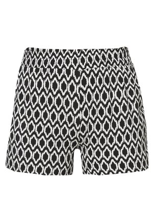 Pantaloni corti a motivi bianco e nero con cintura elasticizzata, caratterizzati da un design geometrico ikat e una texture in tessuto leggero.