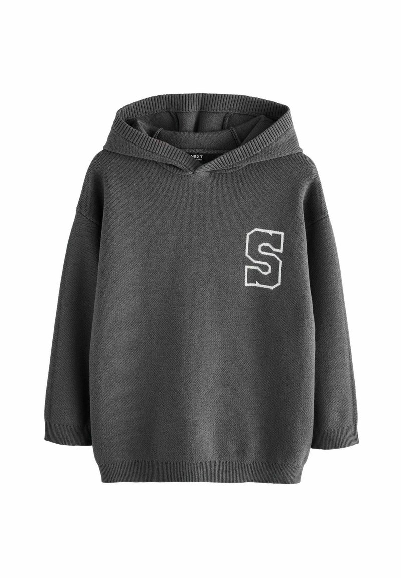 Hoodie gris foncé en tissu texturé, avec une poche frontale et un 'S' brodé en blanc sur la zone gauche de la poitrine.