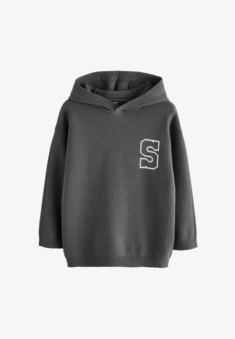 Dunkelgrau Hoodie aus texturiertem Stoff, mit einer Fronttasche und einem weißen gestickten 'S' auf der linken Brustseite.