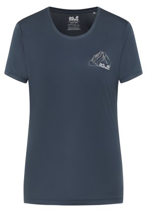 Maglietta blu navy a maniche corte con scollo rotondo, piccolo logo montagna e testo "Jack Wolfskin" sul lato sinistro del petto.