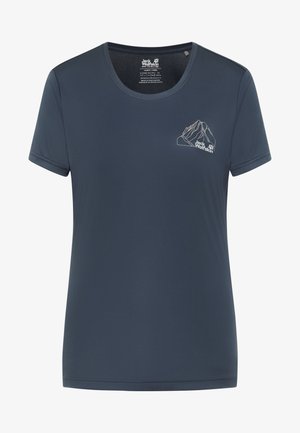 Maglietta blu navy a maniche corte con scollo rotondo, piccolo logo montagna e testo "Jack Wolfskin" sul lato sinistro del petto.