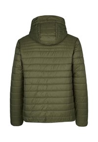 Olivenfarvet pufferjakke med hætte, der har et horisontalt quiltet design, glat tekstur og elastiske manchetter. Bagfra ses sømdetaljerne.