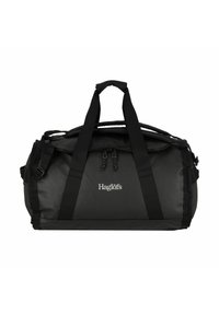 Borsa a duffel nera con due manici superiori, tracolla regolabile, chiusura con zip, materiale resistente e logo bianco sul davanti.