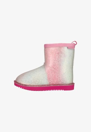 Child's mid-calf winter boot with pink and white glittery gradient, pink sole, and pink trim loop at the back for easy pull-on.