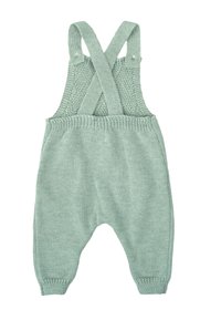 Mono de punto verde menta con tirantes cruzados, cintura elástica y piernas ajustadas. Presenta un patrón de punto texturizado y puños acanalados.