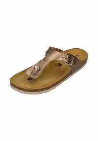 Brown leather thong sandal with a decorative metal accent, cushioned insole, and cork-like outsole for comfort and support.