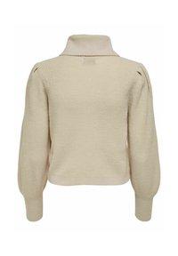 Pull beige en maille avec manches longues bouffantes, poignets côtelés, col haut, et coupe légèrement raccourcie, montré de dos.