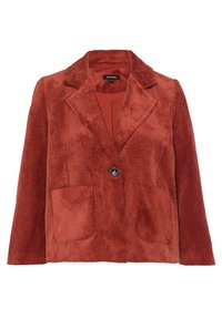 Roodbruine corduroy blazer met een notch-kraag, enkele knoopsluiting en twee voortassen met textuurdetail.