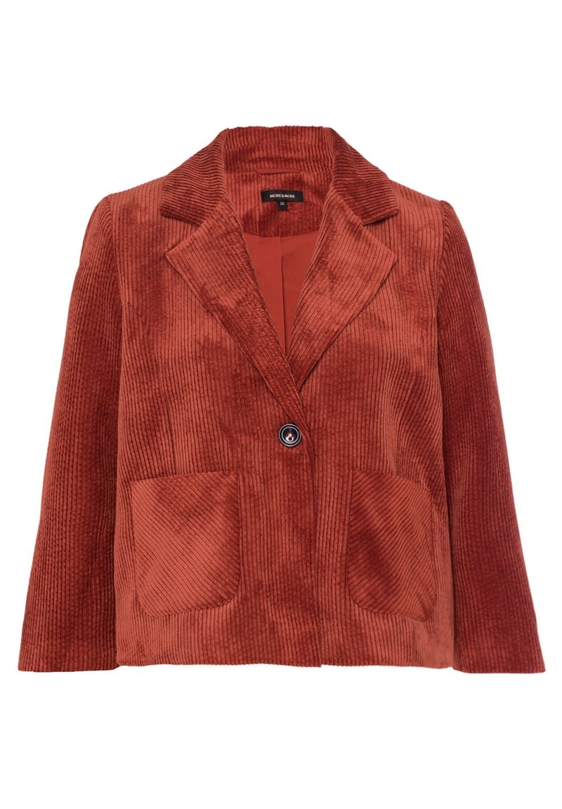 Roodbruine corduroy blazer met een notch-kraag, enkele knoopsluiting en twee voortassen met textuurdetail.