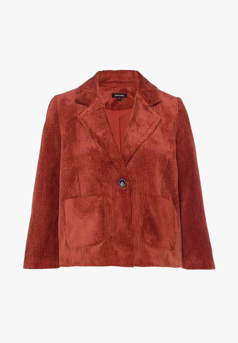 Rostfarbener Cord-Blazer mit eingekerbtem Kragen, einem einzelnen Knopfverschluss und zwei Fronttaschen mit strukturiertem Stoffdetail.