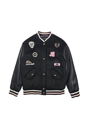 Giacca varsity nera con corpo in lana e maniche in pelle, caratterizzata da vari toppe, polsini a costine e chiusura a bottone.