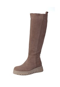 Stivali in suede marrone al ginocchio con suola beige chunky e dettagli rigati. Design senza cuciture con un tassello superiore per una facile vestibilità.