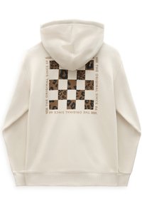 Beige mikina s kapucí s hnědým a černým leopardím potiskem ve vzoru šachovnice a textem "Vans The Original Since 66" na zádech.
