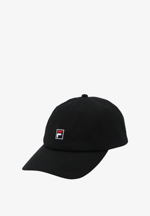 Zwarte katoenen baseballpet met een gebogen klep, voorzien van een geborduurd logo in rood, wit en blauw op het voorsignaal.