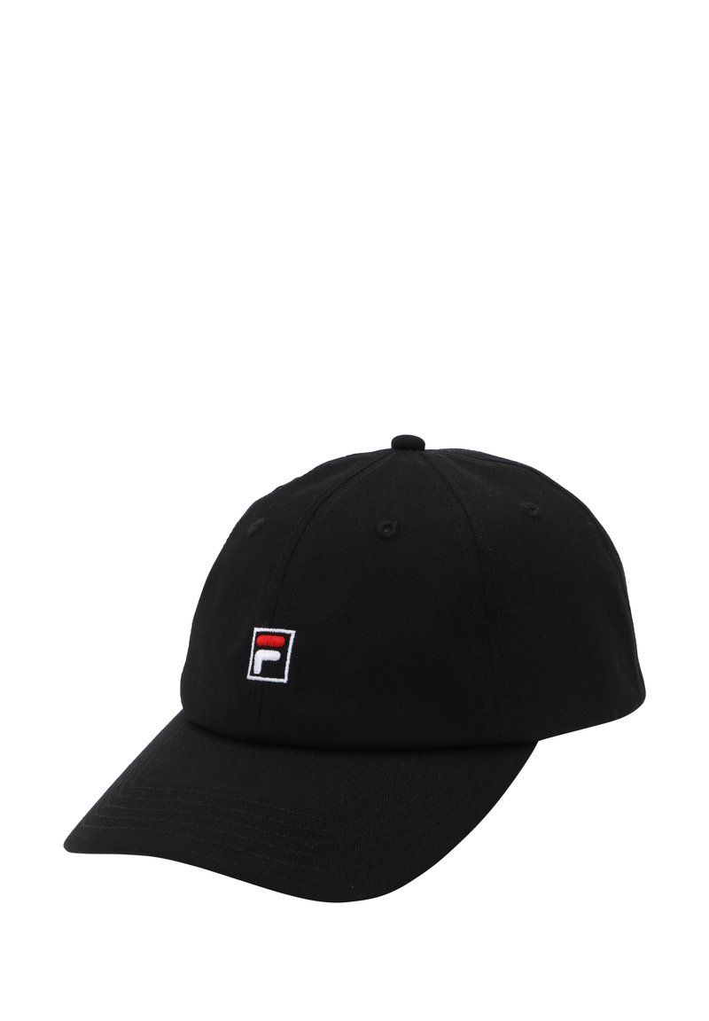 Gorra de béisbol de algodón negro con visera curva, que presenta un logo bordado en rojo, blanco y azul en el panel frontal.