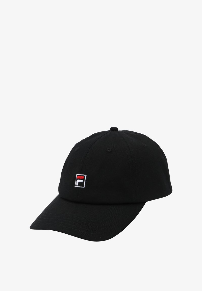 Svart bomullsbasketcap med en böjd skärm, med en broderad logotyp i rött, vitt och blått på den främre panelen.