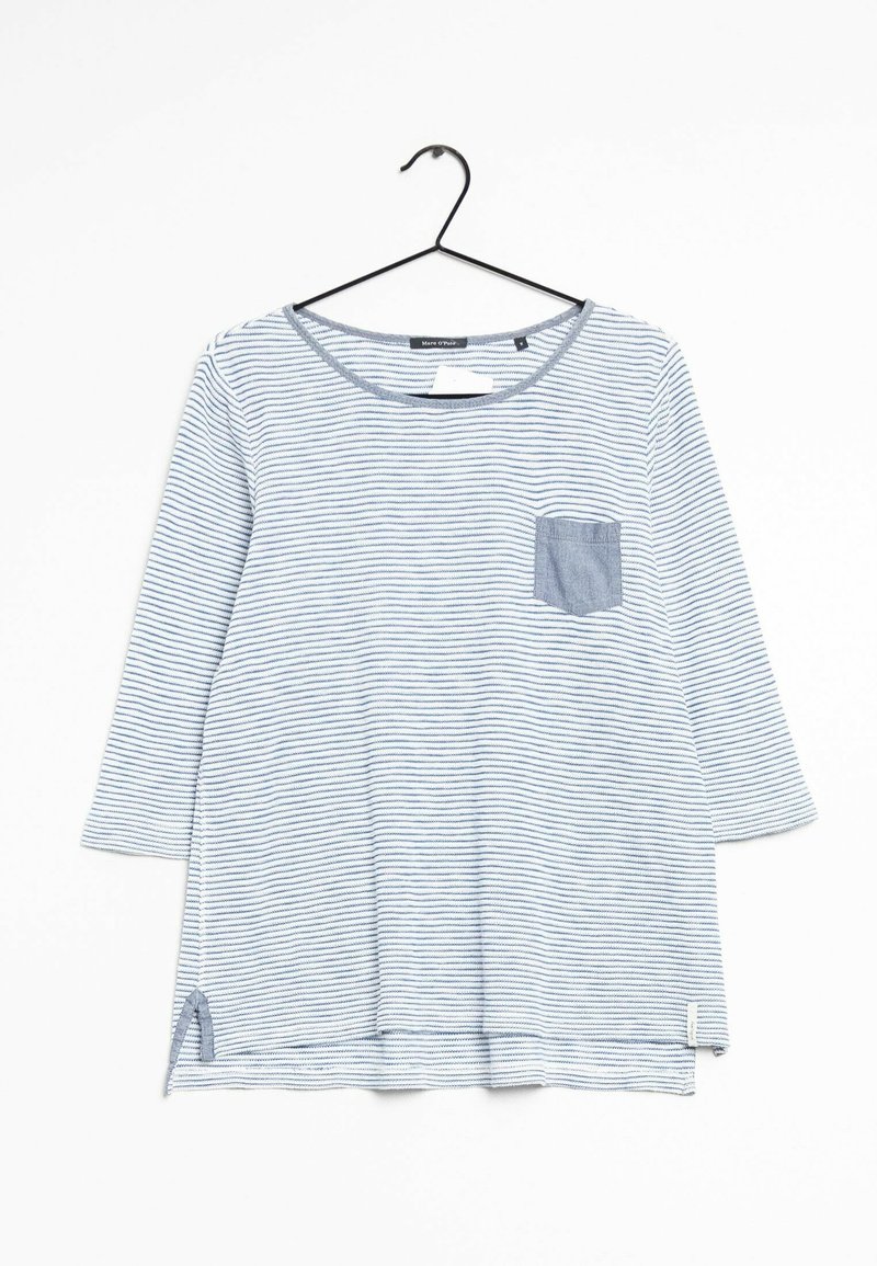 Striped long-sleeve top in blue and white, featuring a chest pocket, rounded neckline, and side slits for a relaxed fit. Made of soft fabric.