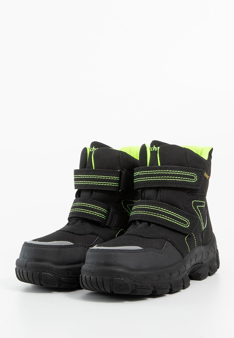 Schwarze wasserdichte Stiefel mit neongrünen Akzenten, hoher Schnitt, zwei verstellbaren Klettverschlüssen und strukturierten Gummisohlen.
