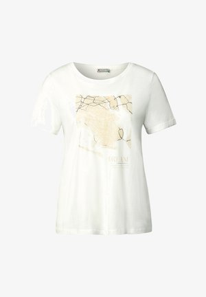 Biała bawełniana koszulka z krótkimi, podwiniętymi rękawami oraz graficznym wzorem kwadratowej mapy w odcieniach beżu i czerni, z napisem "DREAM" umieszczonym poniżej.