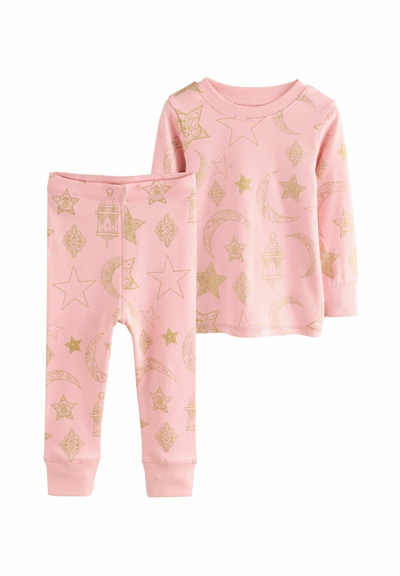 Rosa Schlafanzug-Set mit langärmligem Oberteil und Hose. Goldene, himmlische und laternenartige Muster. Weicher Stoff mit gerippten Bündchen.