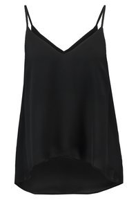 Svart silkescamisole med V-ringning, tunna band och en flytande silhuett; något längre bak med en slät textur.
