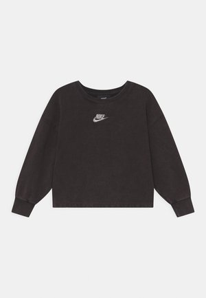 Zwarte cropped sweatshirt met lange mouwen, geribbelde manchetten en witte Nike-logo geborduurd op de borst.