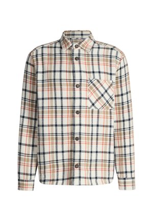 Camicetta in flanella con base color crema e motivo a quadri multicolore in arancione, marrone e blu navy. Progettata con una chiusura frontale con bottoni e una tasca singola sul petto.
