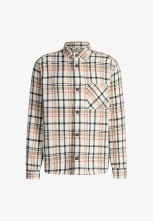 Flanellhemd mit cremefarbenem Grundton und mehrfarbigem Karomuster in Orange, Braun und Marineblau. Ausgestattet mit durchgehender Knopfleiste und einer einzelnen Brusttasche.