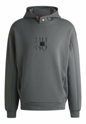 Gray hooded sweatshirt made of soft fabric, featuring a rounded front pocket, ribbed cuffs, and an embossed "HUGO" logo on the chest.
