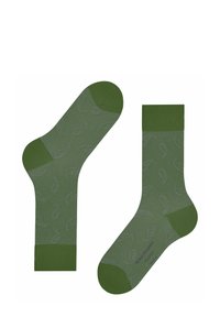 Zielone skarpetki z delikatnym wzorem paisley, wzmocnione w palcach i piętach, z kontrastującymi żeberkowymi ściągaczami, które dodają tekstury.