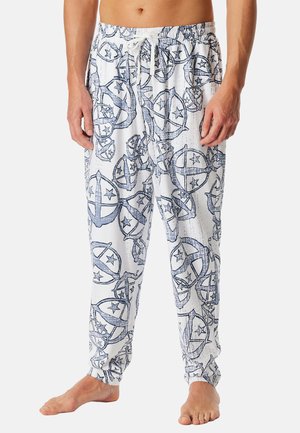 Weiße leichte Hose mit blauem Muster aus Sternen und Kreisen, elastischem Bund mit Kordelzug, taillierter Beinform.