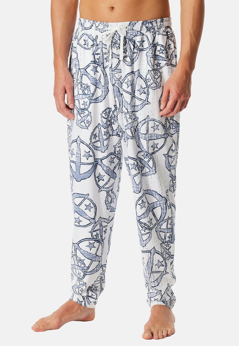 Weiße leichte Hose mit blauem Muster aus Sternen und Kreisen, elastischem Bund mit Kordelzug, taillierter Beinform.