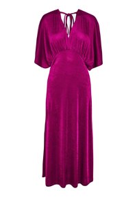 Robe fuchsia avec un décolleté en V profond, manches courtes et taille cintrée. Fabriquée dans un tissu lisse et brillant avec un ourlet légèrement évasé.