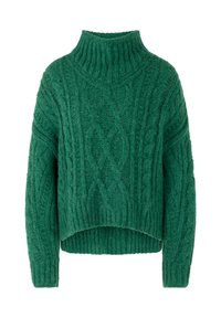 Grüner Strickpullover mit hohem Kragen, strukturiertem Zopfmuster und geripptem Saum. Verfügt über lange Ärmel und ein kurzes Design.