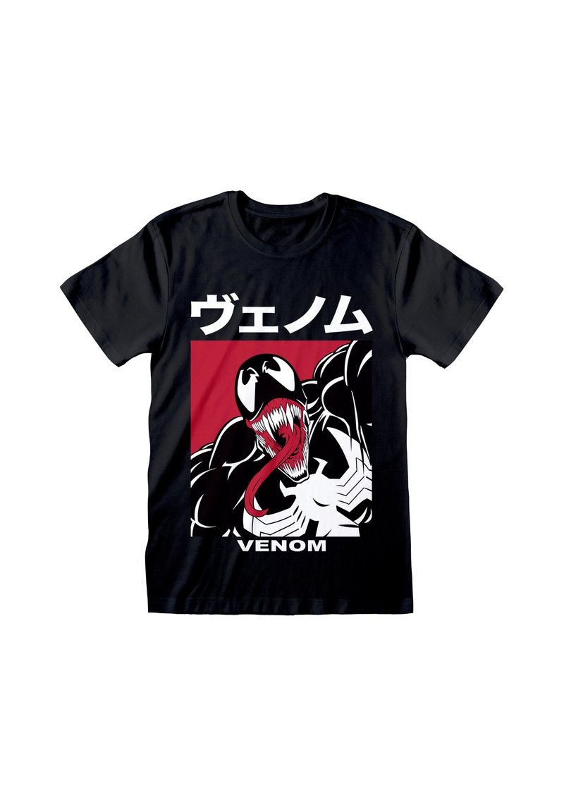 Sort bomulds t-shirt med en grafik af Venom i et hvidt og rødt design, inklusive japansk tekst og edderkoppesilhuetter.