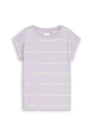 T-shirt mauve clair à manches courtes avec des rayures horizontales blanches tie-dye, col rond, présenté à plat sur fond blanc.