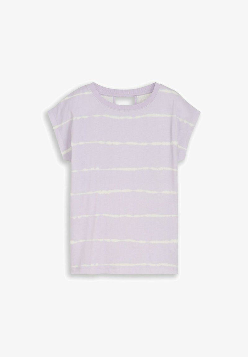 T-shirt mauve clair à manches courtes avec des rayures horizontales blanches tie-dye, col rond, présenté à plat sur fond blanc.
