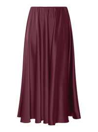 Gonna lunga color bordeaux realizzata in tessuto liscio e lucido, con un design fluido e una vita elasticizzata. Nessun motivo o dettaglio presente.