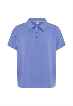 Short-sleeve polo shirt in light blue, made of smooth fabric. Features a pointed collar and five button placket with metallic buttons.