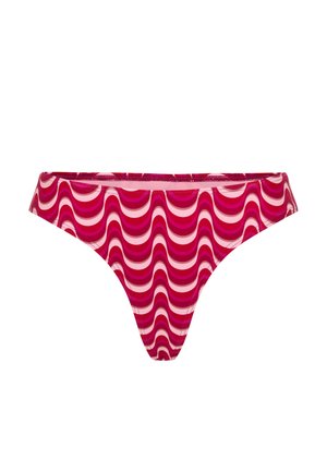 Bikinislip mit wellenförmigem Muster in verschiedenen Rosatönen und Weiß, präsentiert in einem dünnen, tief sitzenden Design und glatter Stofftextur.