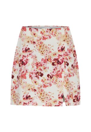 Lilled seelik valgest kangast, roosa, punase ja kuldse lillemustriga, otse lõikega ning külgseeliku detailiga. Sile tekstuur.