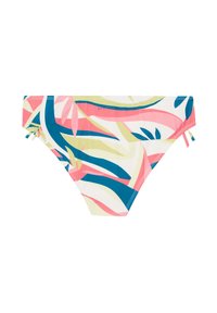 Bikiniunderdel med ett färgglatt tropiskt mönster med rosa, blå och gröna vågor på en vit bakgrund; snörning på sidorna.