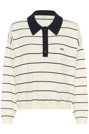 Cream and navy striped polo sweater with a collar, button placket, and elasticized hem; made from a soft knit fabric for comfort.